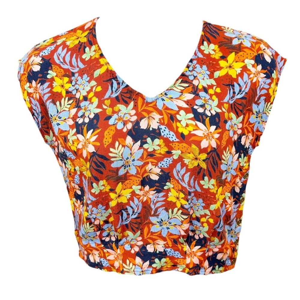 Garnet Hill Dark Floral Lenzing Ecovero Viscose Crop Cap Sleeve VNeck Top Size M